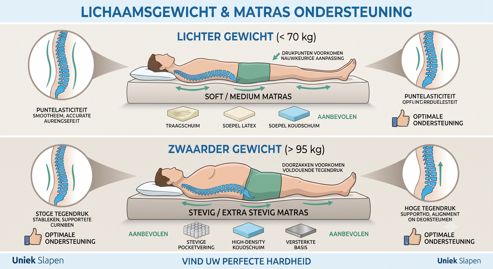 Infographic over gewicht en matrashardheid: een soft matras voor lichter gewicht (<70 kg) en een stevig matras voor zwaarder gewicht (>95 kg).