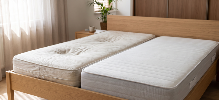 Vergelijking tussen een oud, versleten matras met kuilvorming en een nieuw, veerkrachtig matras op een houten bedframe.