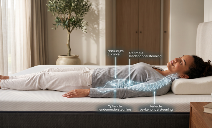 Rugslaper op ergonomisch matras met spinale uitlijningsdiagram en ondersteuningszones.