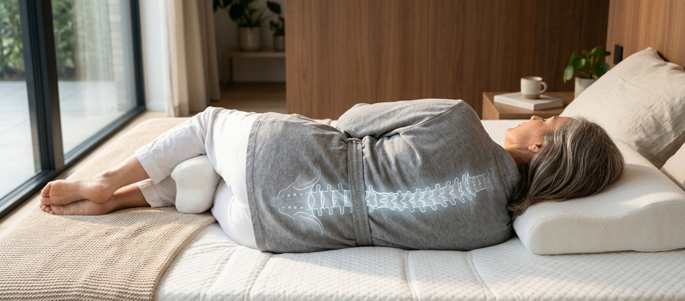 Een vrouw slaapt op haar zij, met een oplichtende weergave van haar wervelkolom die de ergonomische ondersteuning van het matras laat zien.