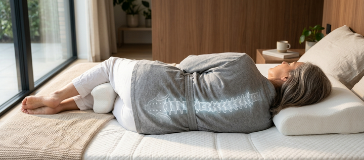 Een vrouw slaapt op haar zij, met een oplichtende weergave van haar wervelkolom die de ergonomische ondersteuning van het matras laat zien.
