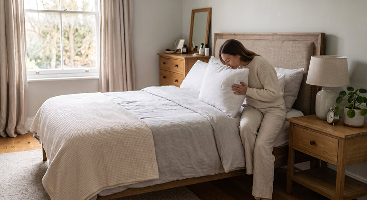Een vrouw in lichte kleding zit op de rand van een opgemaakt houten bed en schudt een wit hoofdkussen op. De slaapkamer is licht met een houten nachtkastje en een raam op de achtergrond.