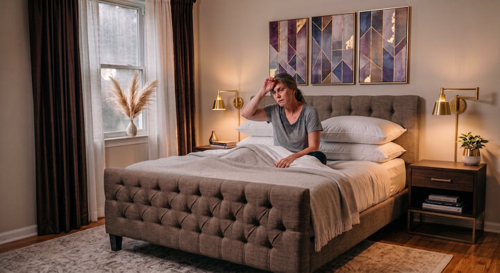 Een vrouw zit rechtop in bed en houdt vermoeid haar hand tegen haar voorhoofd.