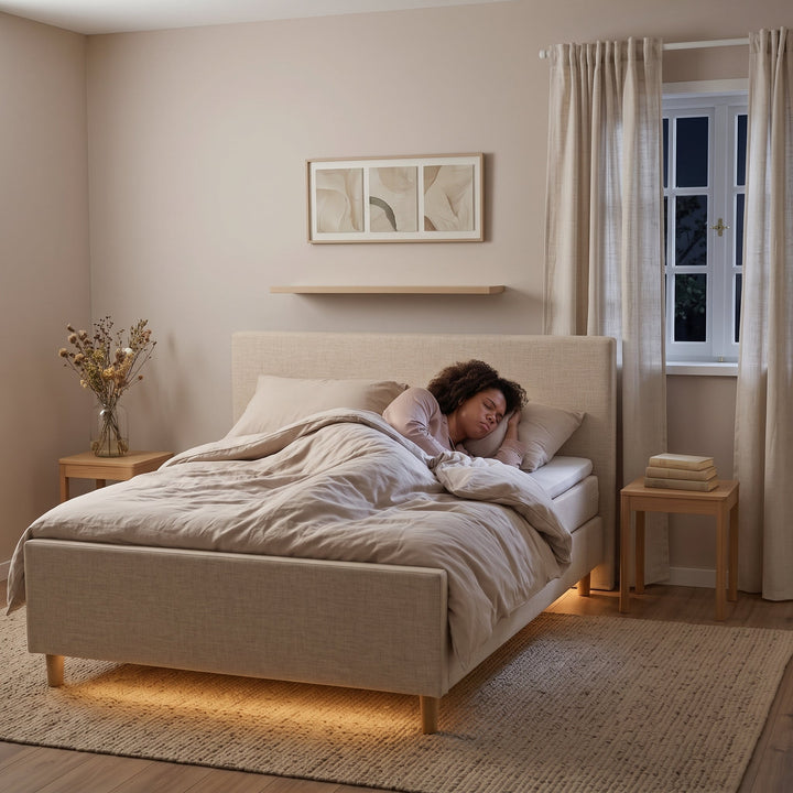 Een slapende vrouw in een tweepersoonsbed met onderbedverlichting in een rustige slaapkamer.