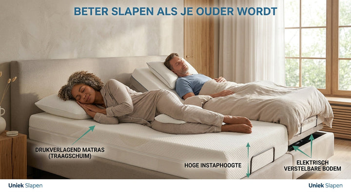 Infographic over beter slapen voor ouderen met een stel in een elektrisch verstelbaar bed en tips over een drukverlagend matras en hoge instap.