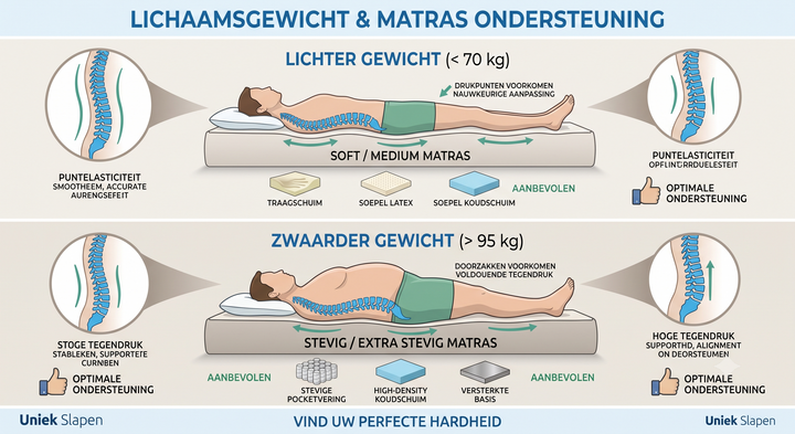 Infographic over gewicht en matrashardheid: een soft matras voor lichter gewicht (<70 kg) en een stevig matras voor zwaarder gewicht (>95 kg).