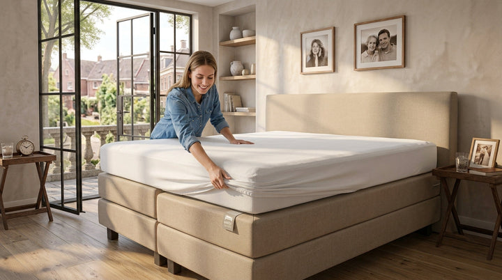 Een glimlachende vrouw trekt een wit hoeslaken om de hoek van een dik matras op een beige boxspring. De slaapkamer heeft een warme uitstraling, parketvloer, foto's aan de muur en openslaande deuren naar een terras.