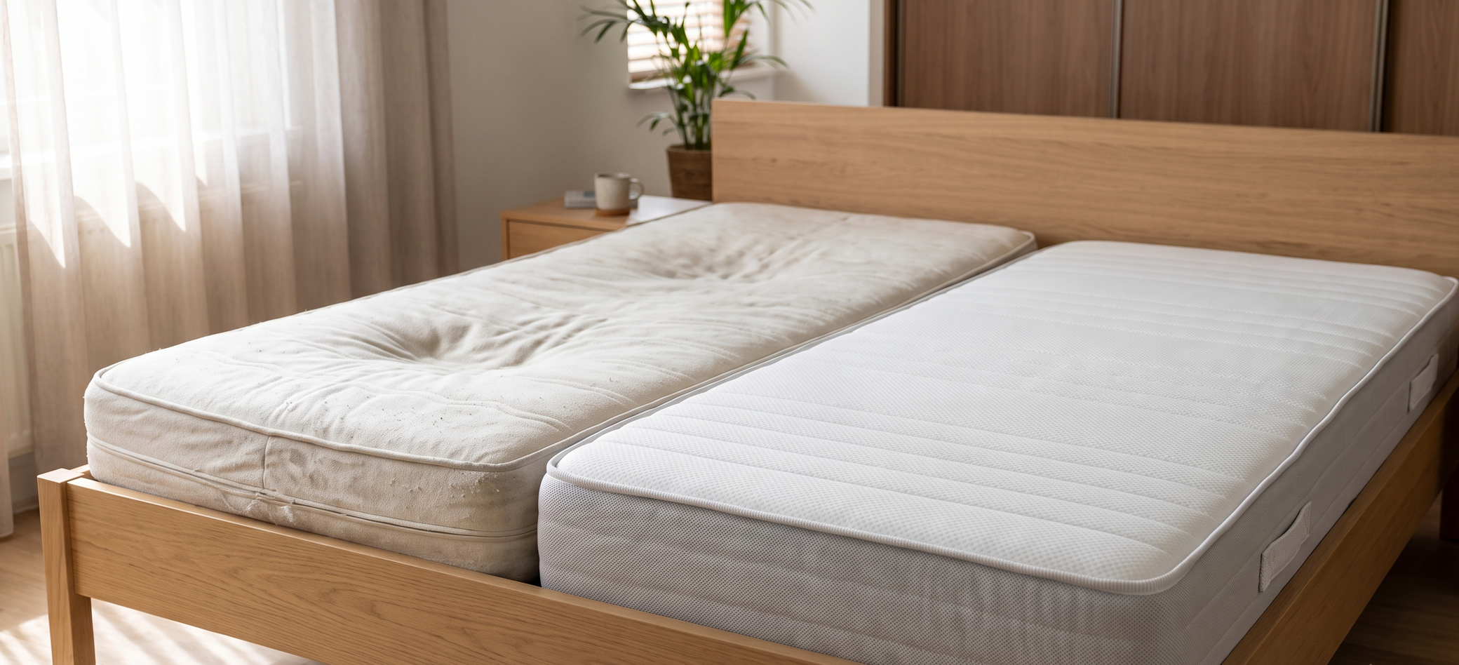 Vergelijking tussen een oud, versleten matras met kuilvorming en een nieuw, veerkrachtig matras op een houten bedframe.