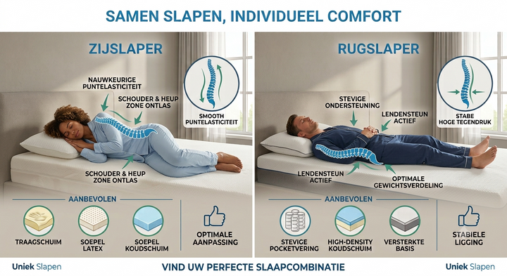 Een infographic over 'samen slapen' die links een zijslaper en rechts een rugslaper toont, met bijbehorend matrasadvies.