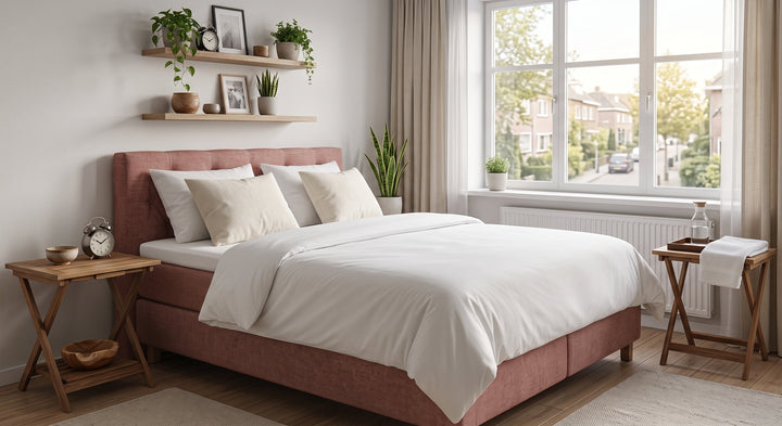 Een opgemaakt oudroze boxspringbed met een wit dekbed en beige kussens in een lichte, stijlvolle slaapkamer. Naast het bed staan houten nachttafeltjes en aan de muur hangen plankjes met planten en fotolijstjes.