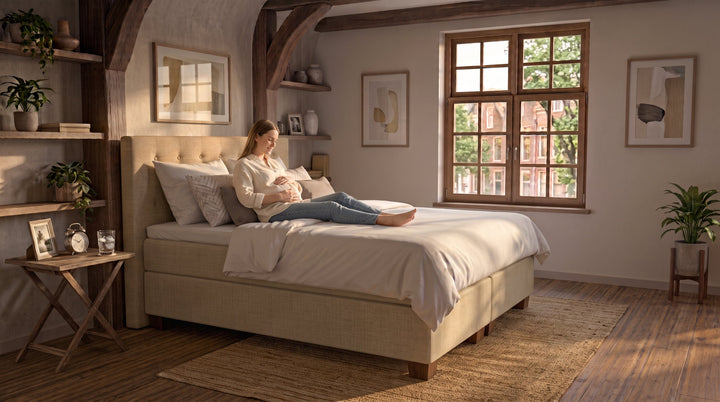 Een zwangere vrouw zit ontspannen op een beige tweepersoons boxspringbed in een sfeervolle slaapkamer met houten balken en warm zonlicht. Ze leunt tegen kussens en heeft haar handen liefdevol op haar buik.