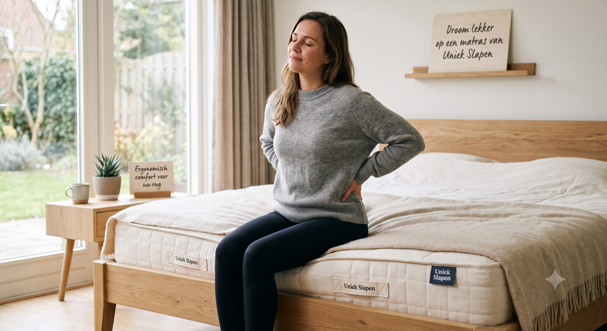Vrouw zit op een ergonomisch matras van Uniek Slapen en heeft last van haar rug