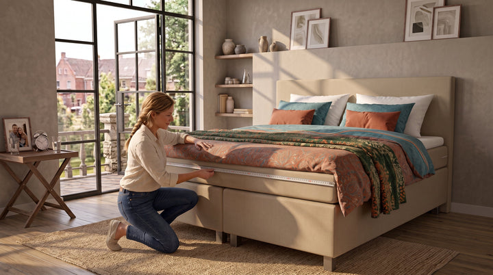 Een vrouw knielt bij een beige tweepersoons boxspringbed en meet de zijkant op met een meetlint in een lichte, sfeervolle slaapkamer met openslaande deuren naar een balkon.