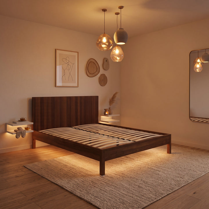 Een houten bedframe met lattenbodem, hoofdbord met lattenstructuur en warme onderbedverlichting in een moderne slaapkamer.