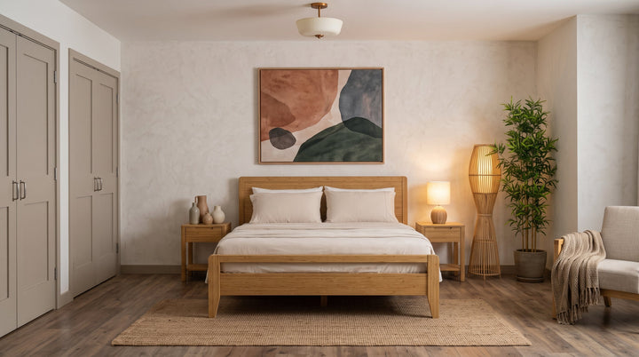 Bamboe bed gemaakt van natuurhout, opgemaakt met zacht Tencel beddengoed in een warme, stijlvolle slaapkamer.