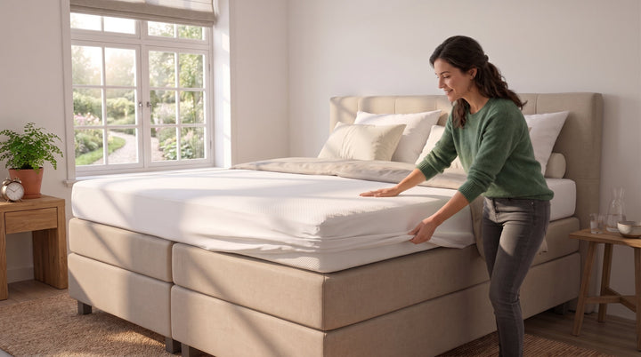 Hier is een korte alt-tekst voor de afbeelding:  Een vrouw trekt een wit hoeslaken om de matras van een beige boxspringbed.