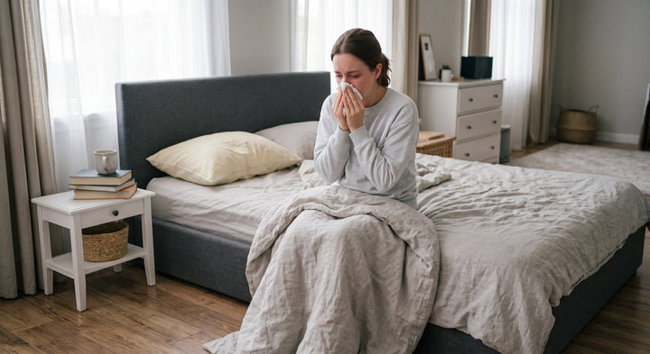Een vrouw zit onder een deken op de rand van een grijs bed en snuit haar neus in een zakdoekje. Naast het bed staat een wit nachtkastje met boeken.