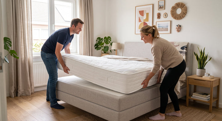 Een man en een vrouw tillen samen een wit matras op om het op een lichtgrijze boxspring te leggen in een sfeervolle slaapkamer met houten vloer en wanddecoratie.