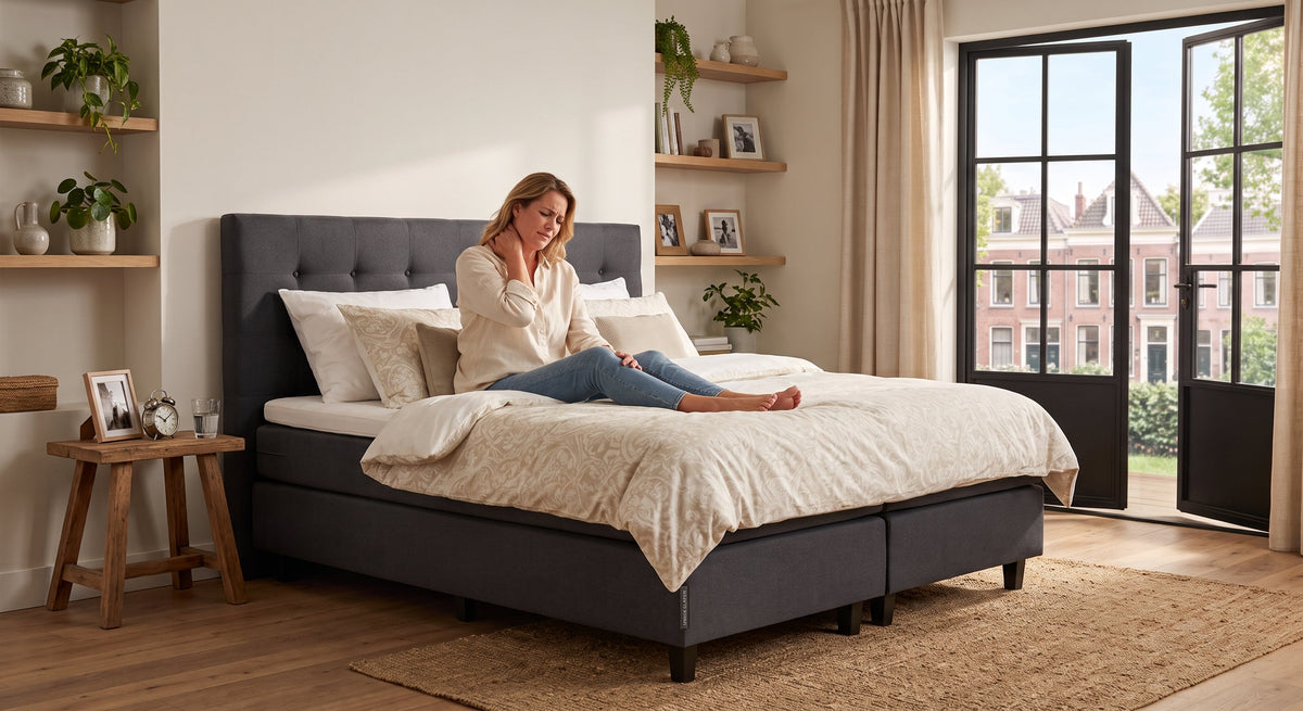 Een vrouw met pijnlijke nek wrijft haar nek terwijl ze op een antracietgrijs gestoffeerd bed zit in een gezellige slaapkamer. Ze zit met gebogen benen. De kamer heeft houten meubels, planten en openstaande terrasdeuren naar een stadsbeeld.